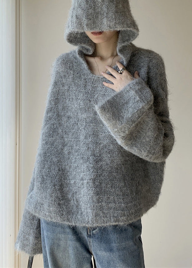 Grey Hooded Cotton Knit Sweaters Winter Wy024