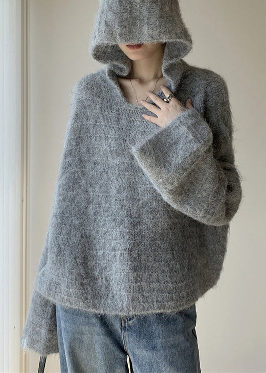 Grey Hooded Cotton Knit Sweaters Winter Wy024