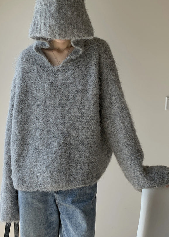 Grey Hooded Cotton Knit Sweaters Winter Wy024