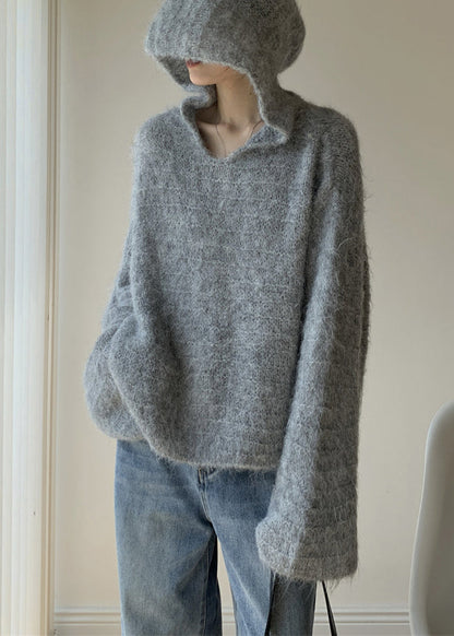 Grey Hooded Cotton Knit Sweaters Winter Wy024