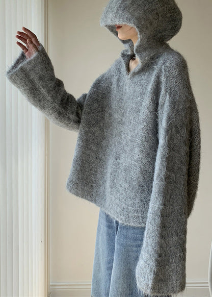 Grey Hooded Cotton Knit Sweaters Winter Wy024