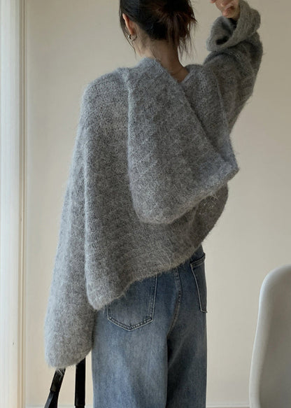 Grey Hooded Cotton Knit Sweaters Winter Wy024