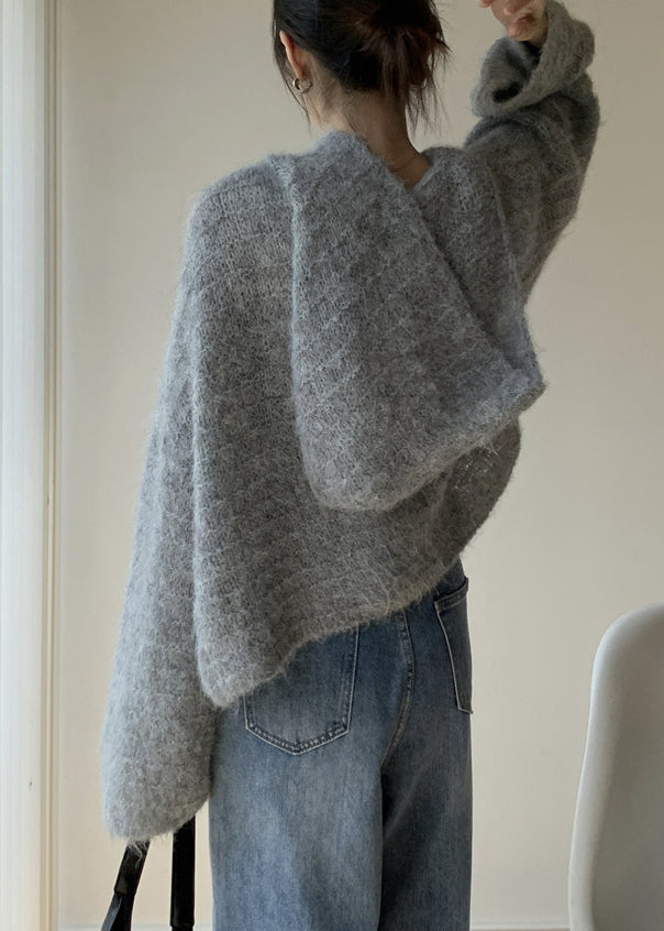 Grey Hooded Cotton Knit Sweaters Winter Wy024