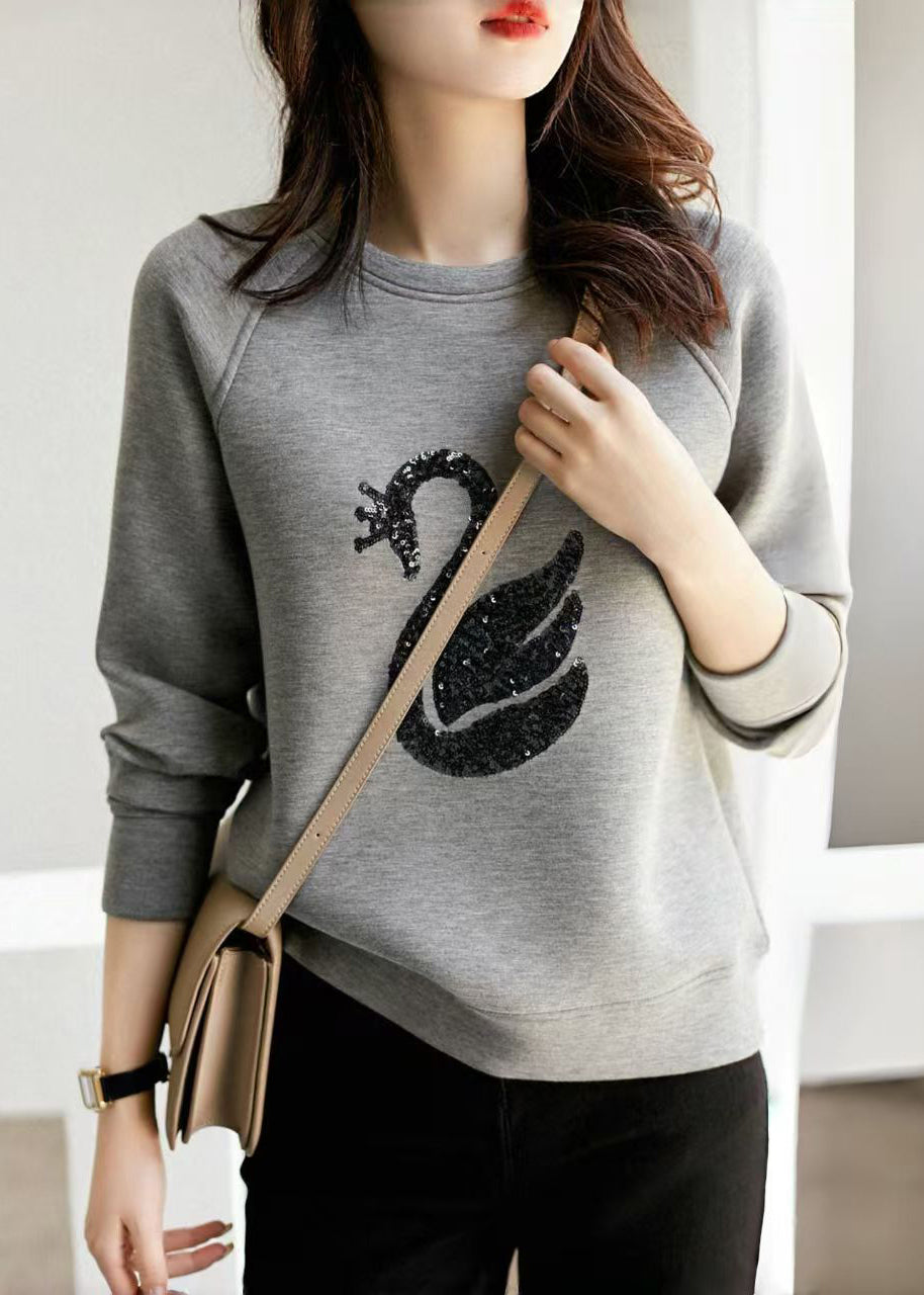 Sweatshirt Neck O Sequins Spring Grey Cotton