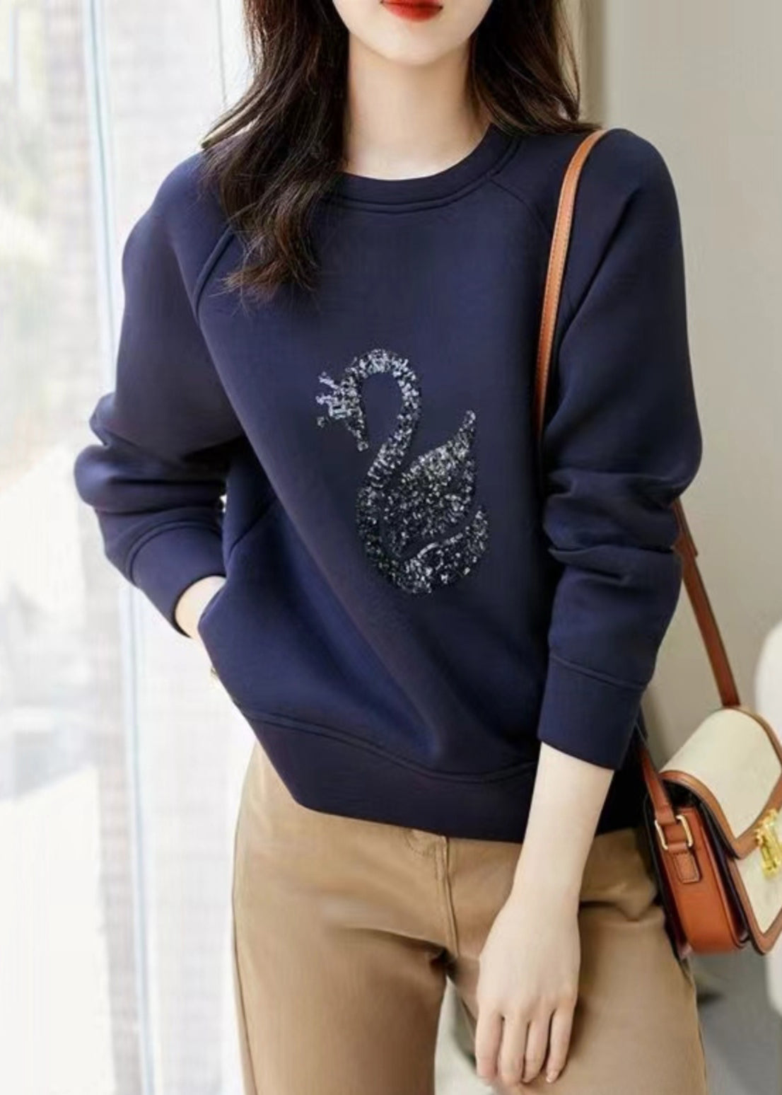 Sweatshirt Neck O Sequins Spring Grey Cotton