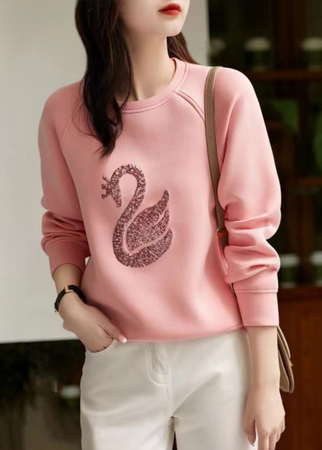 Sweatshirt Neck O Sequins Spring Grey Cotton