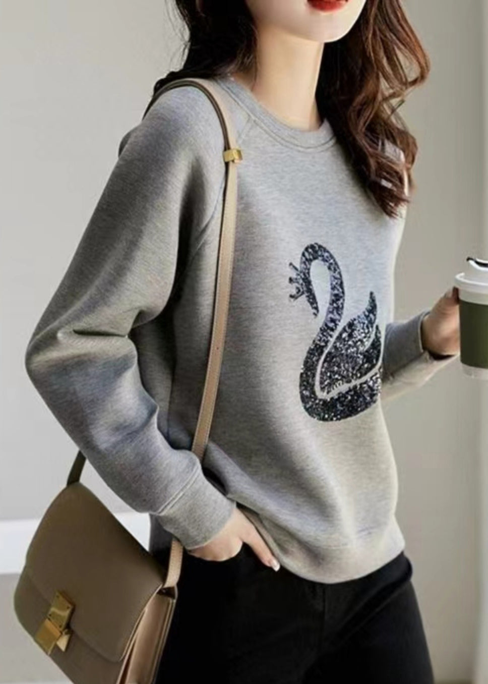 Sweatshirt Neck O Sequins Spring Grey Cotton
