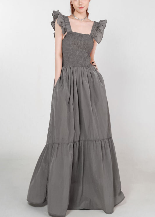 Grey Pockets High Waist Cotton Long Dress Summer Zl074