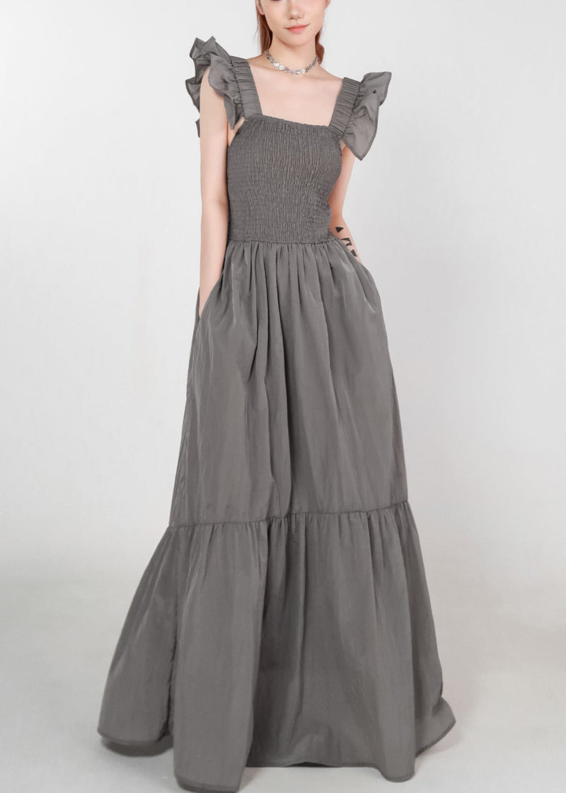 Grey Pockets High Waist Cotton Long Dress Summer Zl074