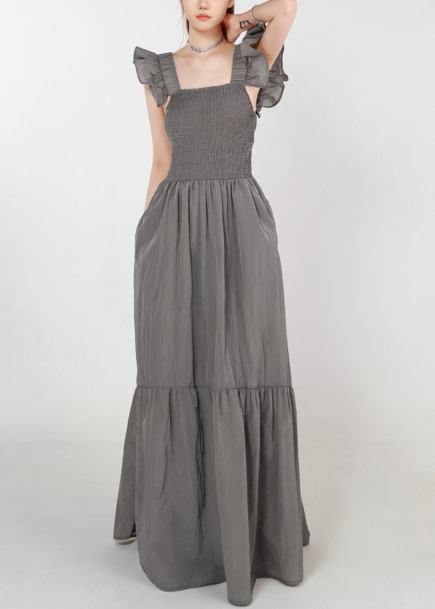 Grey Pockets High Waist Cotton Long Dress Summer Zl074
