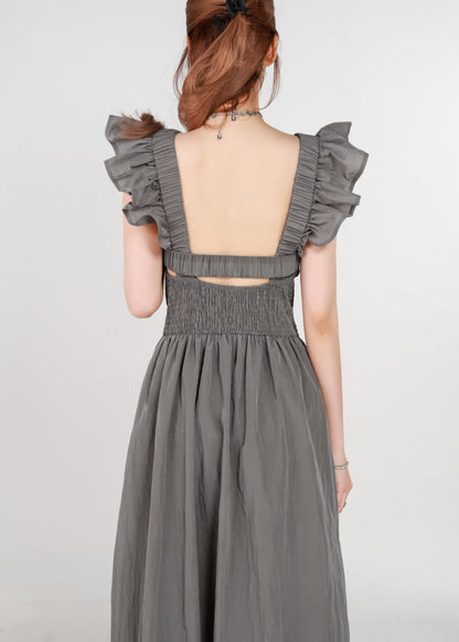 Grey Pockets High Waist Cotton Long Dress Summer Zl074