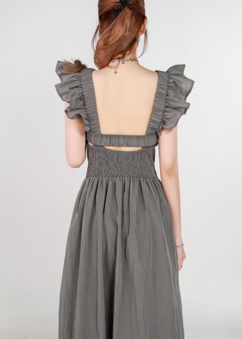 Grey Pockets High Waist Cotton Long Dress Summer Zl074