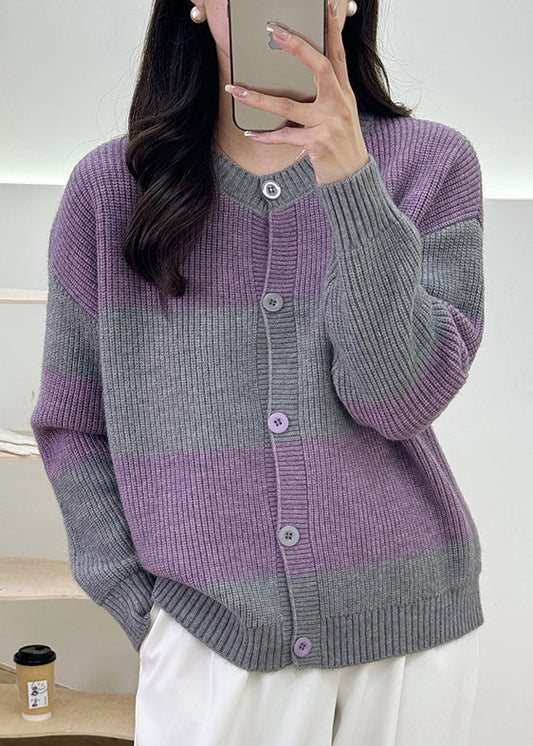 Grey Striped Button Knit Cardigan Fall Qg013