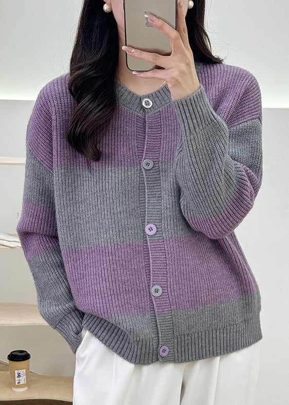 Grey Striped Button Knit Cardigan Fall Qg013