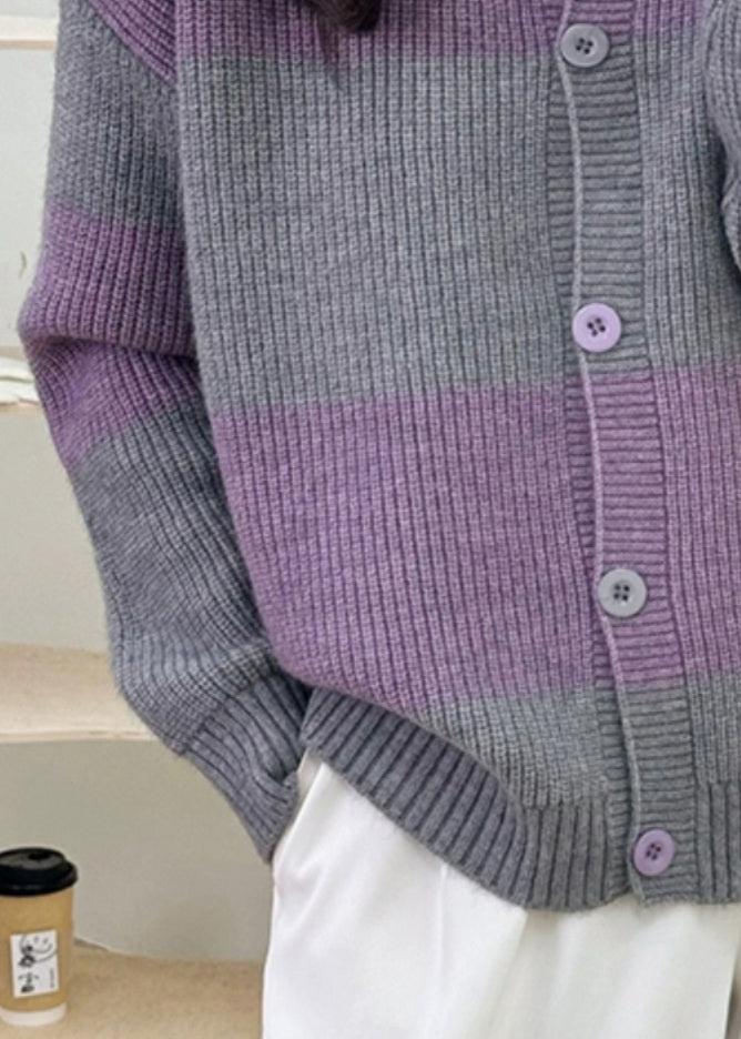 Grey Striped Button Knit Cardigan Fall Qg013