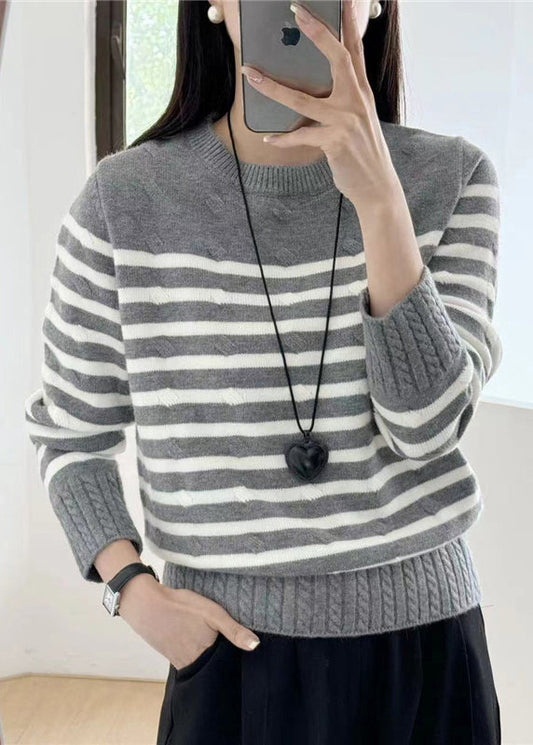 Grey Striped Cozy Knit Sweaters Fall Qg016