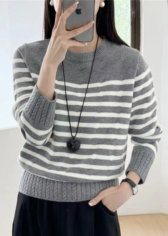 Grey Striped Cozy Knit Sweaters Fall Qg016