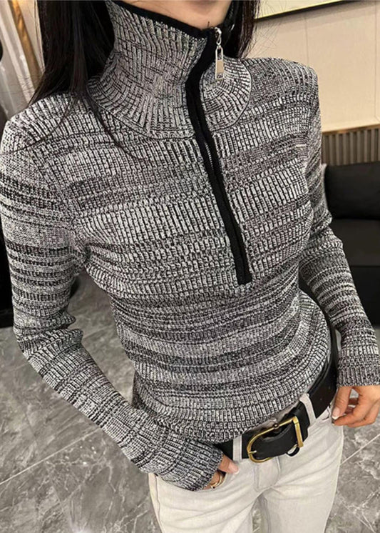Grey Striped Zippered Zippered Cotton Knit Sweater Spring To028