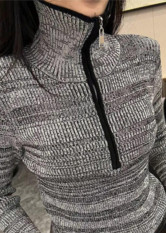 Grey Striped Zippered Zippered Cotton Knit Sweater Spring To028