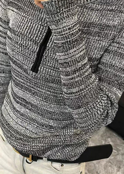 Grey Striped Zippered Zippered Cotton Knit Sweater Spring To028
