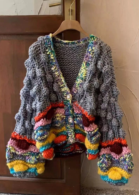 Grey V Neck Button Cotton Knit Coat Winter Wy030