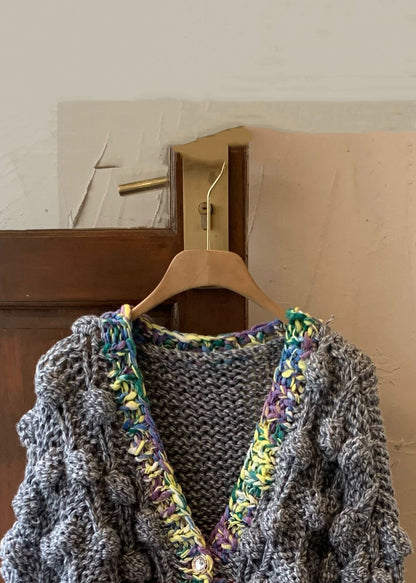 Grey V Neck Button Cotton Knit Coat Winter Wy030
