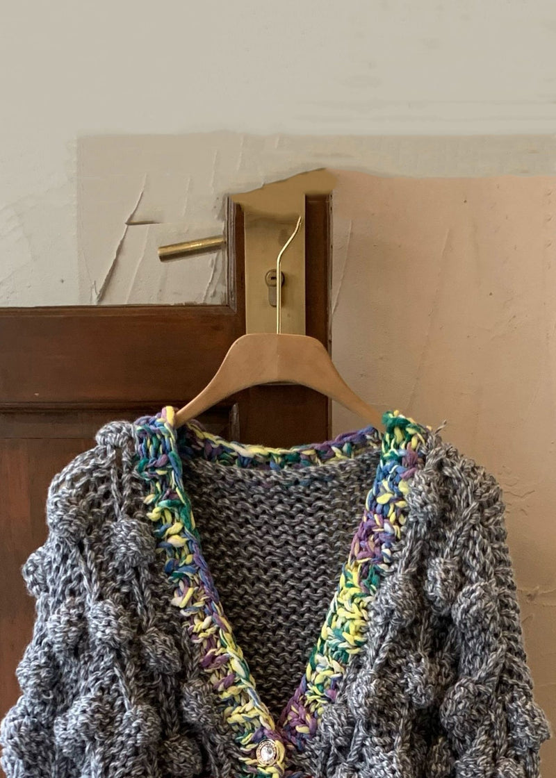 Grey V Neck Button Cotton Knit Coat Winter Wy030