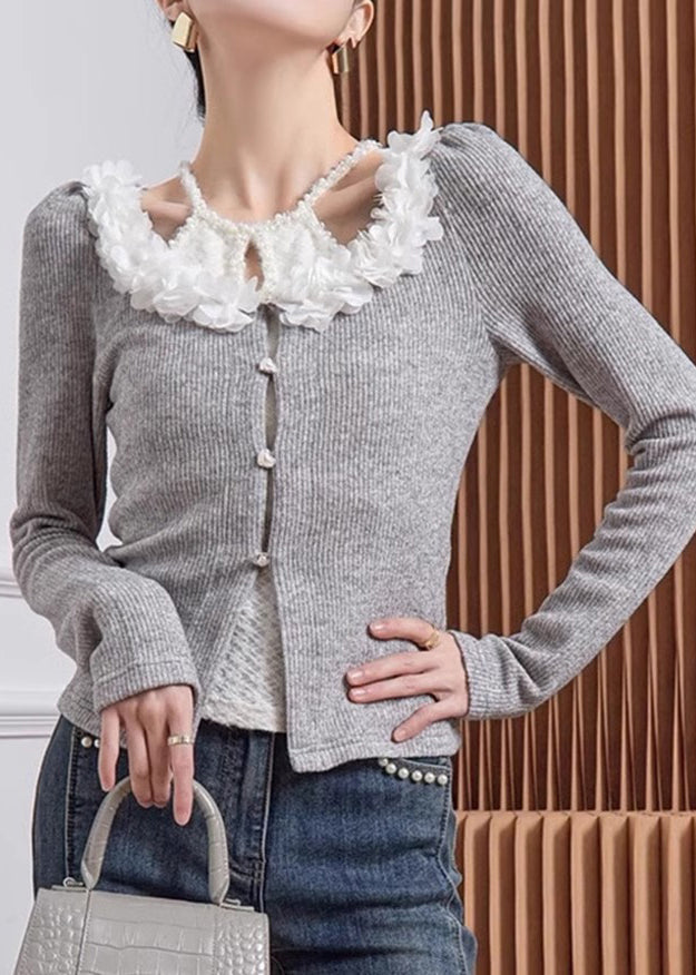 Grey V Neck Cotton Knit Cardigans Fall Qa005