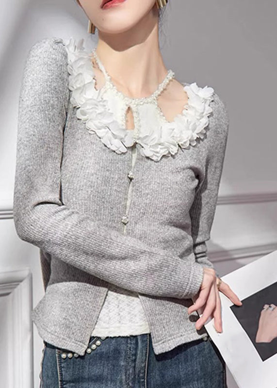 Grey V Neck Cotton Knit Cardigans Fall Qa005
