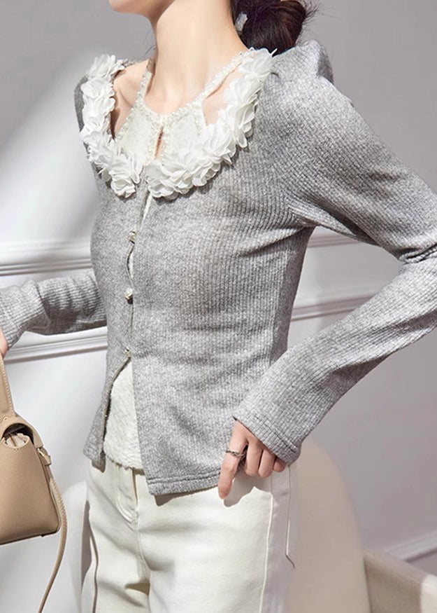 Grey V Neck Cotton Knit Cardigans Fall Qa005