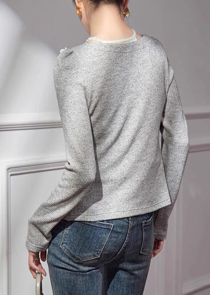 Grey V Neck Cotton Knit Cardigans Fall Qa005