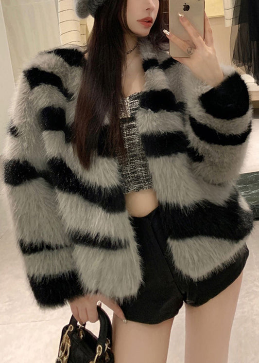 Grey V Neck Striped Fuzzy Fur Fluffy Coat Winter Rh036