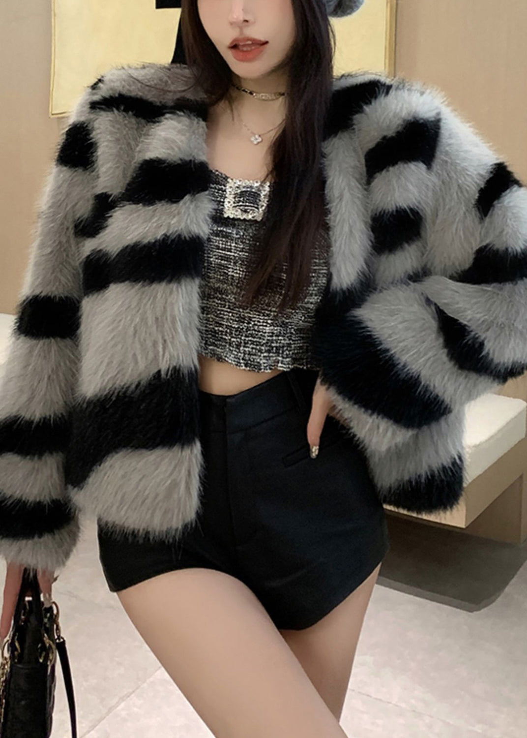 Grey V Neck Striped Fuzzy Fur Fluffy Coat Winter Rh036