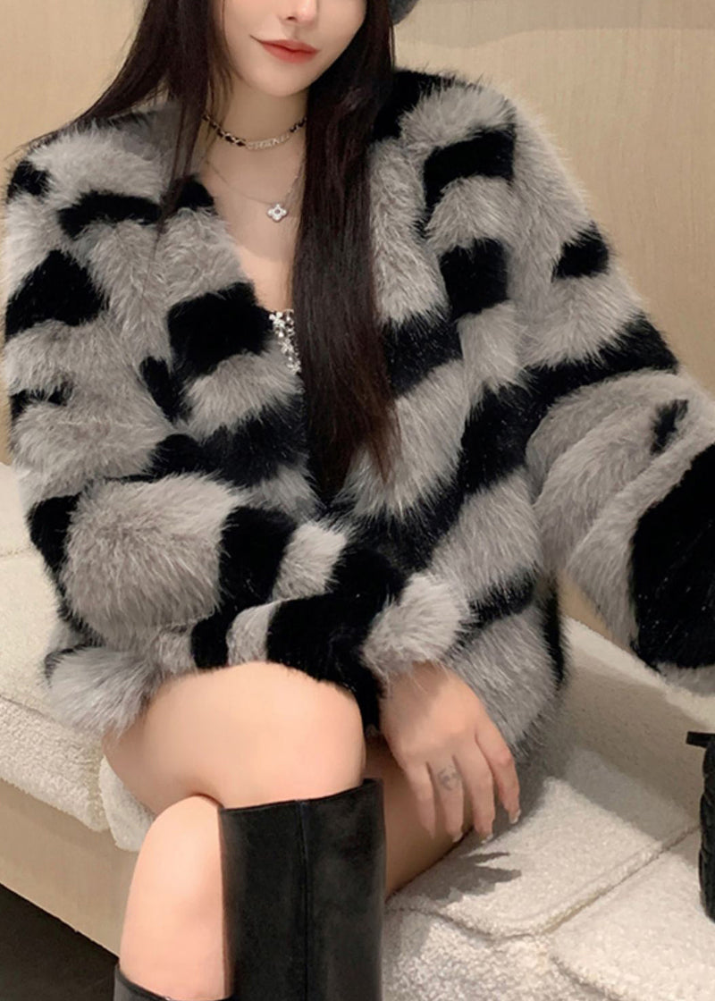 Grey V Neck Striped Fuzzy Fur Fluffy Coat Winter Rh036