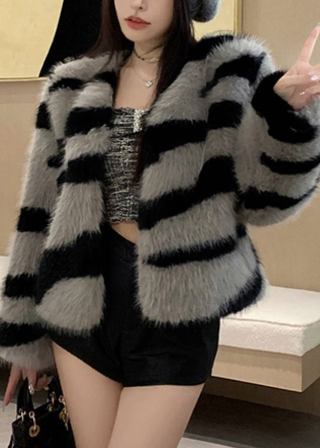 Grey V Neck Striped Fuzzy Fur Fluffy Coat Winter Rh036