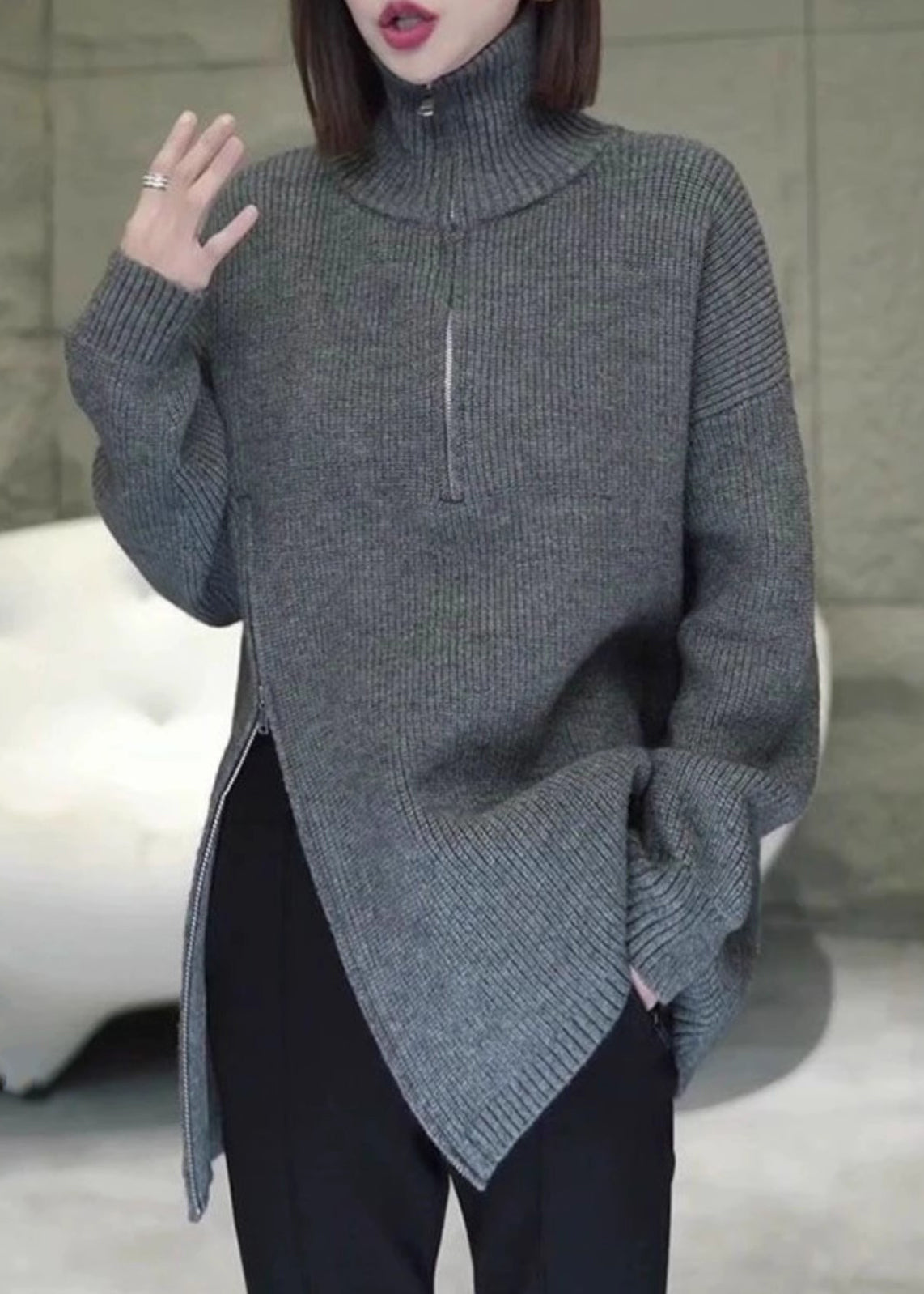 Grey Zip Up Asymmetrical Loose Knit Sweaters Spring Yy003