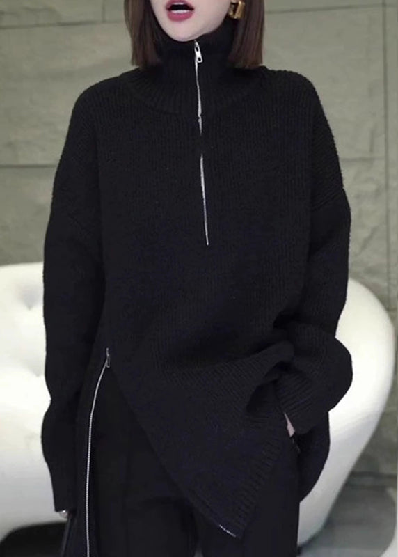 Grey Zip Up Asymmetrical Loose Knit Sweaters Spring Yy003