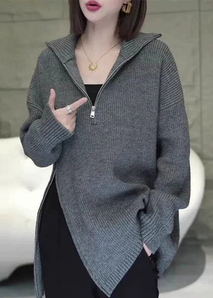 Grey Zip Up Asymmetrical Loose Knit Sweaters Spring Yy003