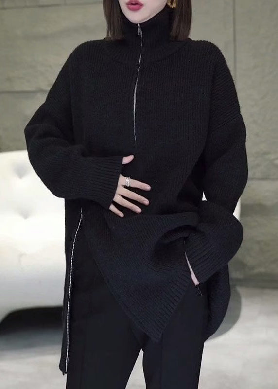 Grey Zip Up Asymmetrical Loose Knit Sweaters Spring Yy003