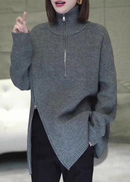 Grey Zip Up Asymmetrical Loose Knit Sweaters Spring Yy003
