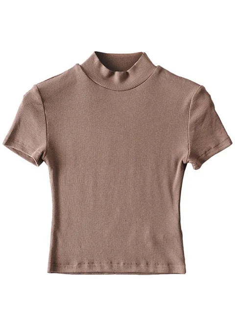 High Neck Fitted Short Sleeve T-shirt Rib Crop Rib Top