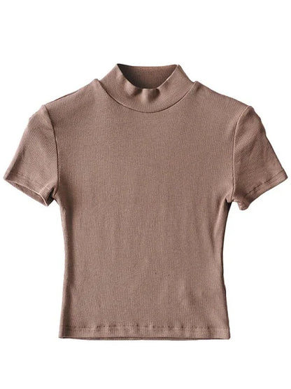 High Neck Fitted Short Sleeve T-shirt Rib Crop Rib Top