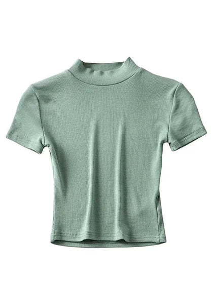 High Neck Fitted Short Sleeve T-shirt Rib Crop Rib Top