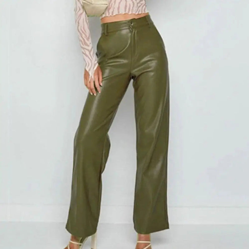 High Waist Color Retro Slim Fit Straight Wide Leg Faux Leather Pants