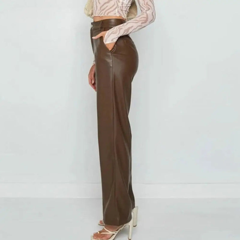 High Waist Color Retro Slim Fit Straight Wide Leg Faux Leather Pants