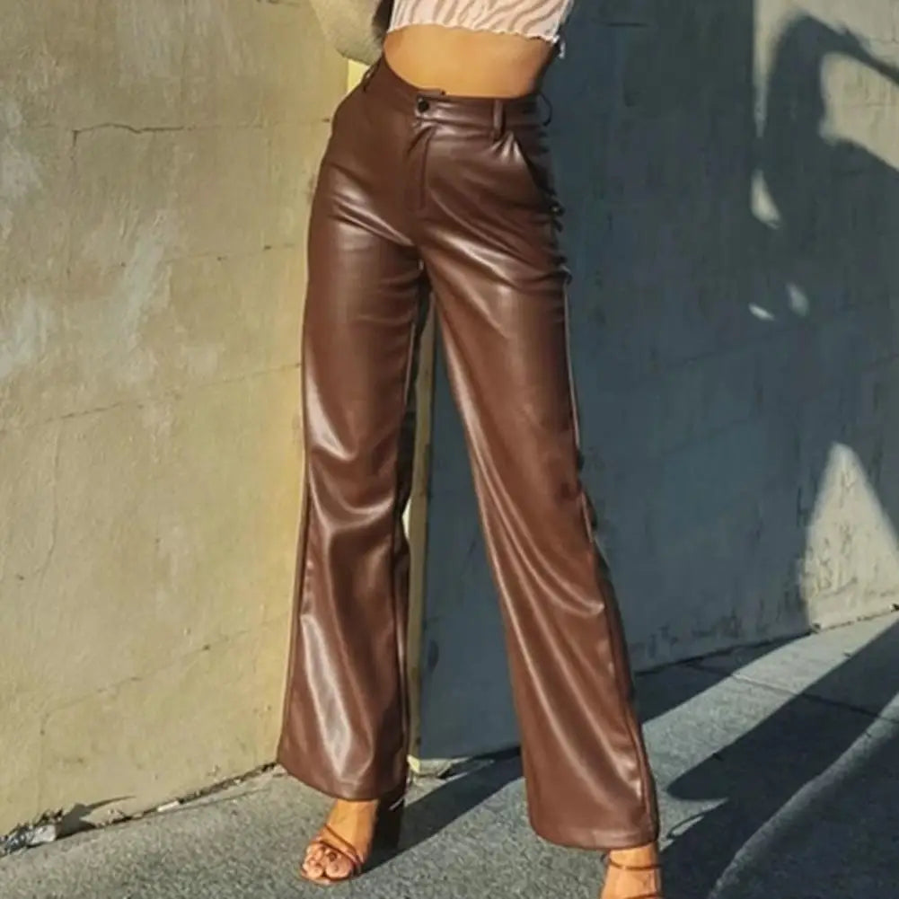 High Waist Color Retro Slim Fit Straight Wide Leg Faux Leather Pants
