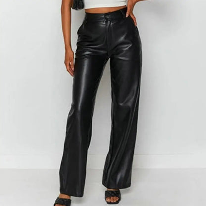 High Waist Color Retro Slim Fit Straight Wide Leg Faux Leather Pants