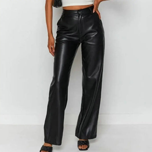 High Waist Color Retro Slim Fit Straight Wide Leg Faux Leather Pants