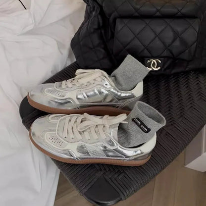 Jogging Sneakers Flats Walking Shoes Metallic Silver Lace Up Elastic Tennis Athletic Trainers Breathable