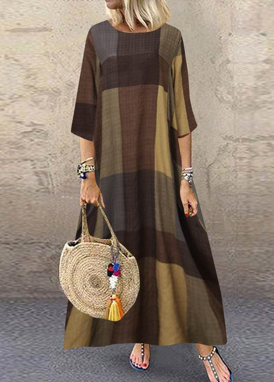 Khaki O-neck Plaid Maxi Dresses Half Sleeve Lc0001